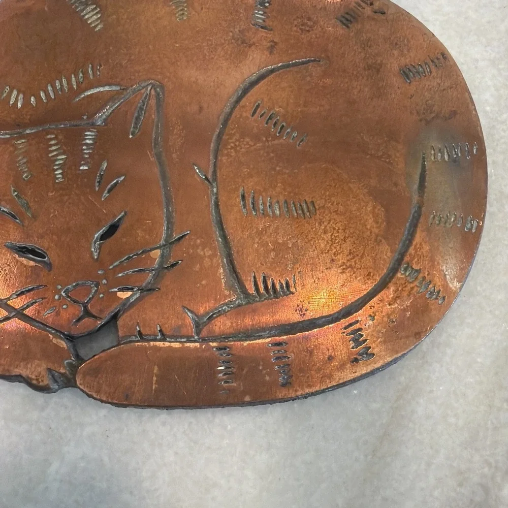 Vintage Copper Cat Trivet 8in Oval Mid Century Kitchen Decor OLA003